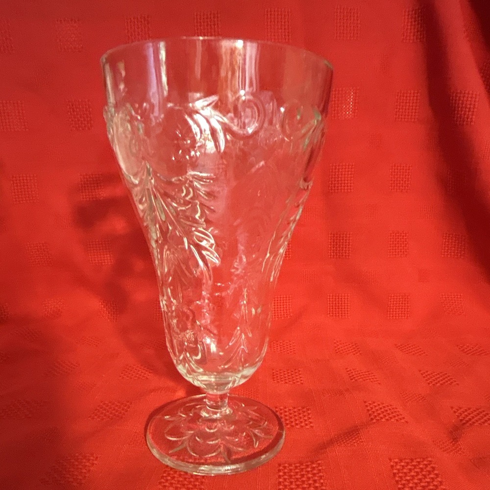 Depression Glass Clear Floral Flower Patterned Stemmed Parfait Glass 6.75"